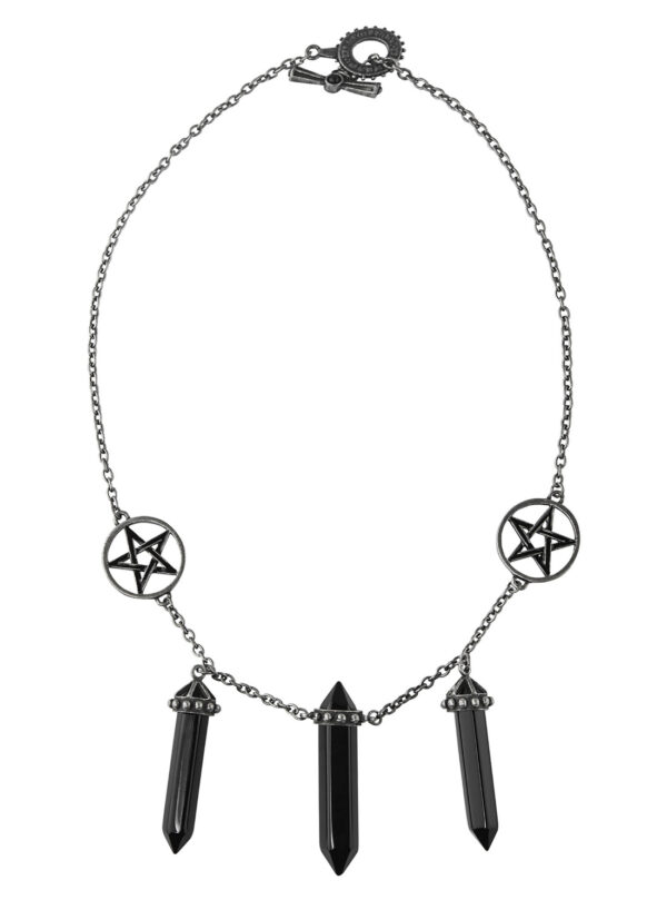Trinity, halsband från Killstar med silverfärgad kedja, pentagram och svarta hängen. Tillverkad i 100% legeringsmetall. Storlek: 60 cm.