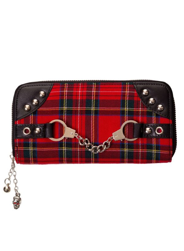 från Banned är en snygg plånbok i fakeläder ,röd tartan tyg, med dekorativa handklovar. Flera fack, Knäppes med dragkedja.