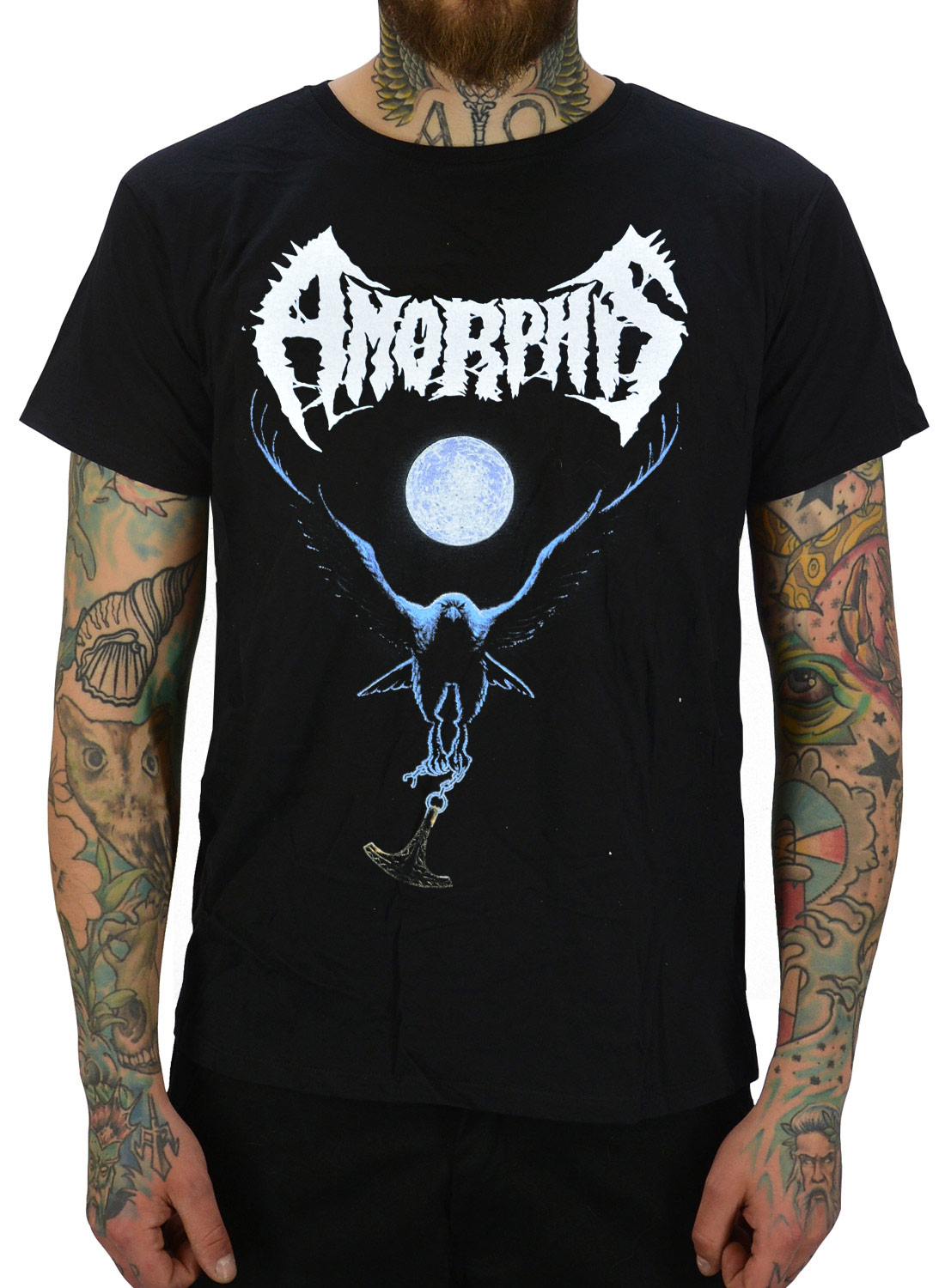 Amorphis Black Winter Day T-Shirt. svart med tryck av fågel och fullmåne i blått och vitt.