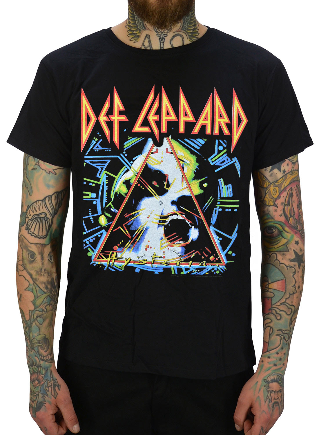 Def Leppard Hysteria T-shirt, svart med Hysteria motiv och färgstarkt tryck på framsidan.