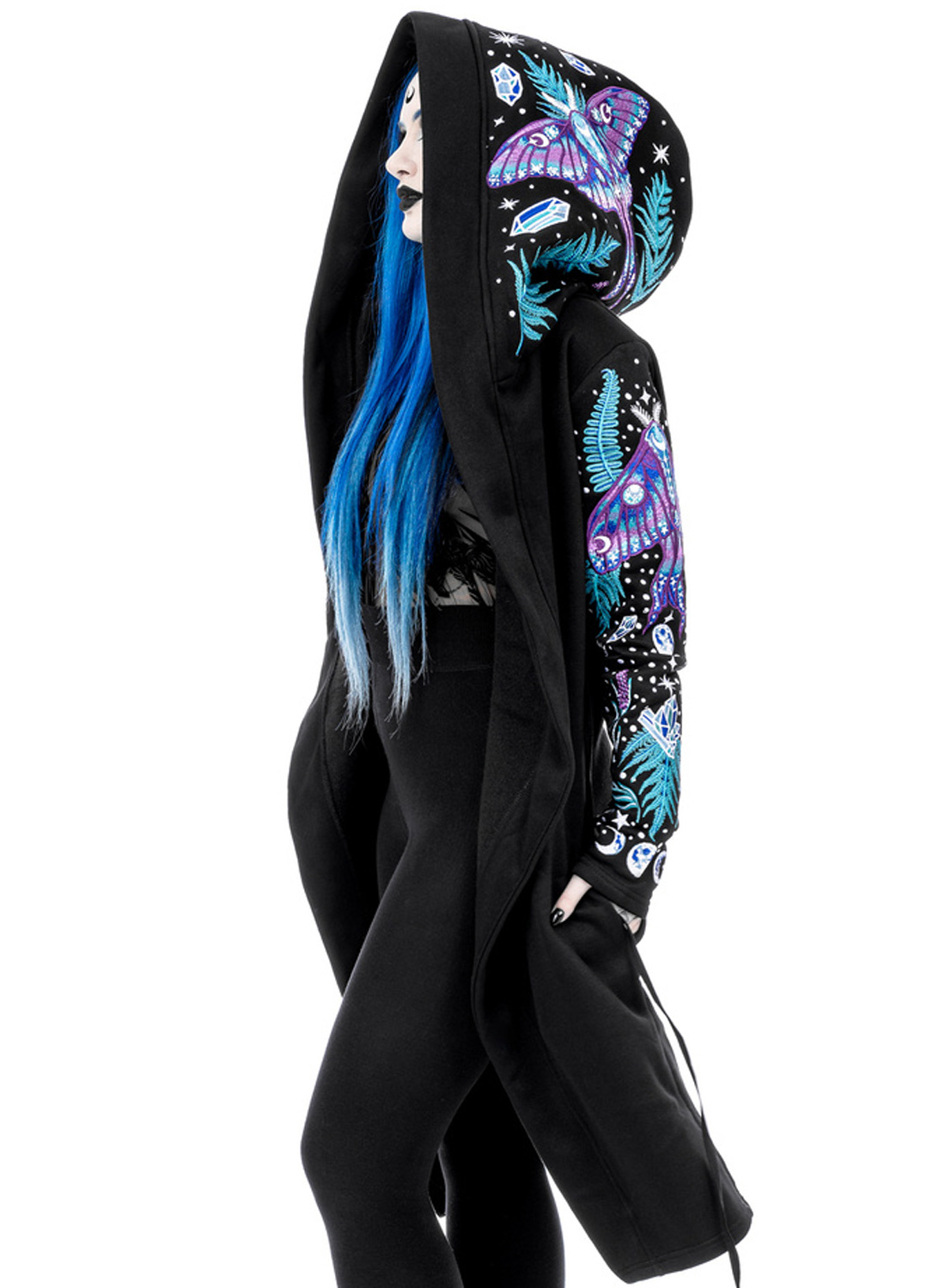 Restyle Enchanted Forest Hoodie – svart gotisk hoodie med broderade malar, ormbunkar och månfaser.