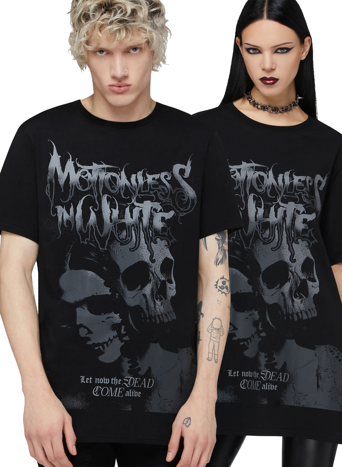 Svart Motionless In White t-shirt med Dead Come Alive tryck och motiv av dödskallar i mörk design