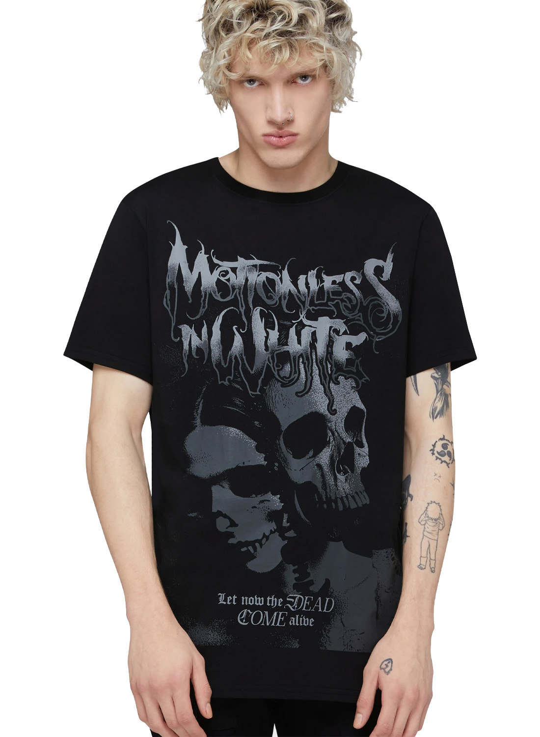 Svart Motionless In White t-shirt med Dead Come Alive tryck och motiv av dödskallar i mörk design