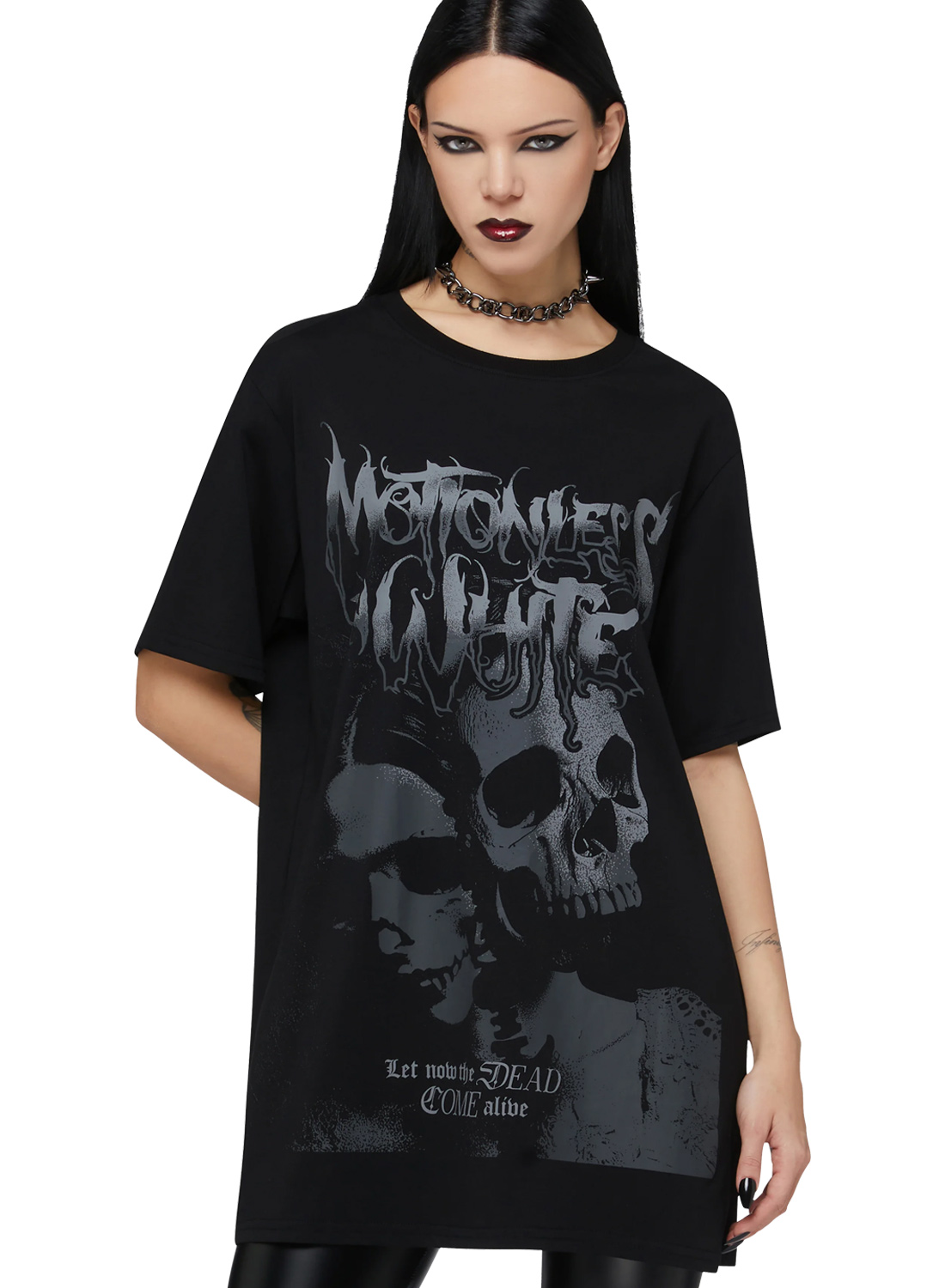 Svart Motionless In White t-shirt med Dead Come Alive tryck och motiv av dödskallar i mörk design