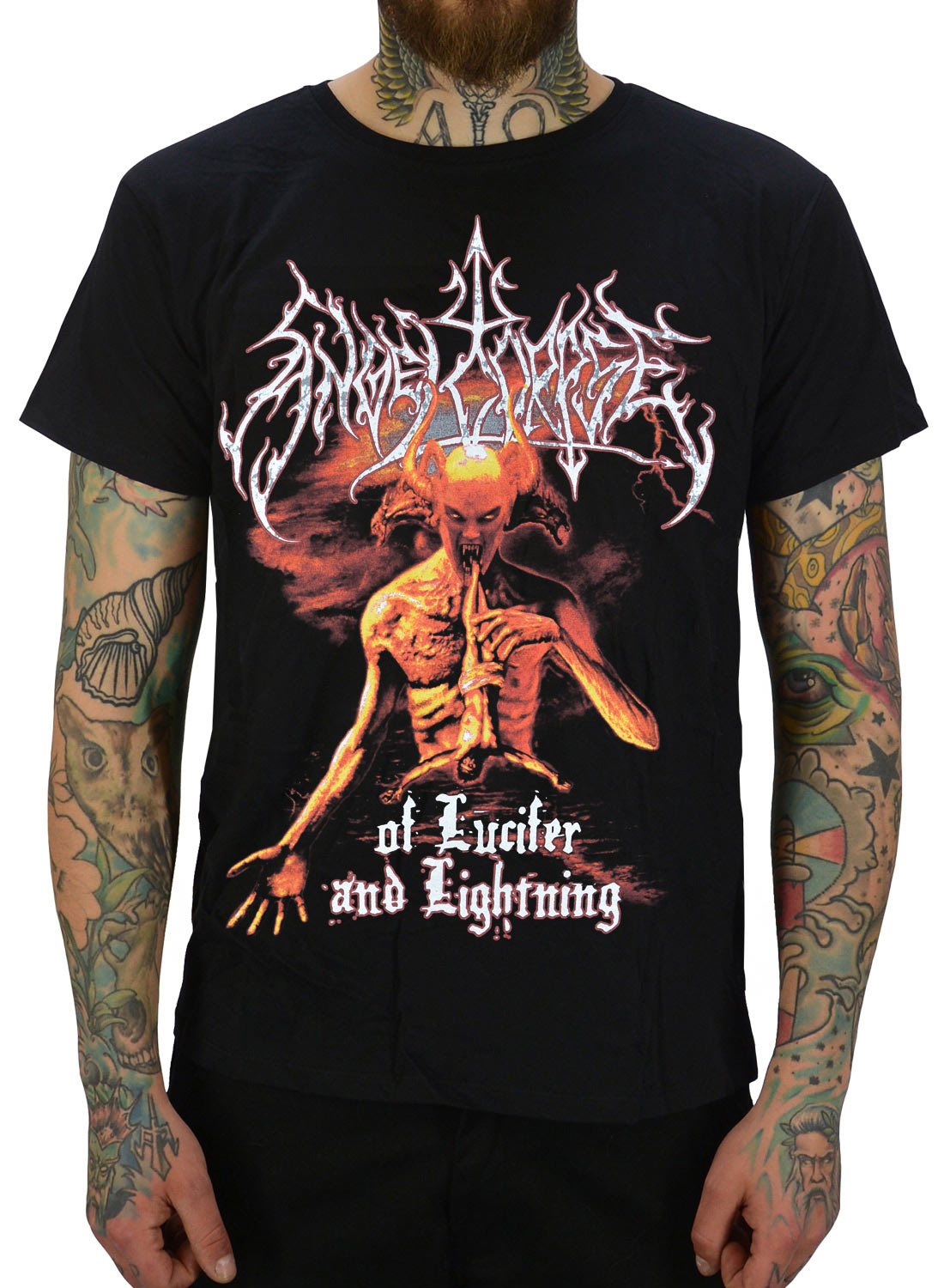 Angelcorpse Of Lucifer And Lightning T-Shirt, med demonmotiv i eldiga färger och vit black metal-logotyp samt texten "of Lucifer and lightning" på framsidan.