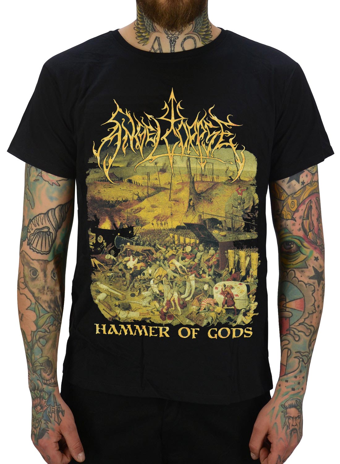 Angelcorpse Hammer of Gods T-Shirt i svart med brutalt death metal-motiv. Perfekt bandtröja för fans av extrem metal, konserter och streetwear