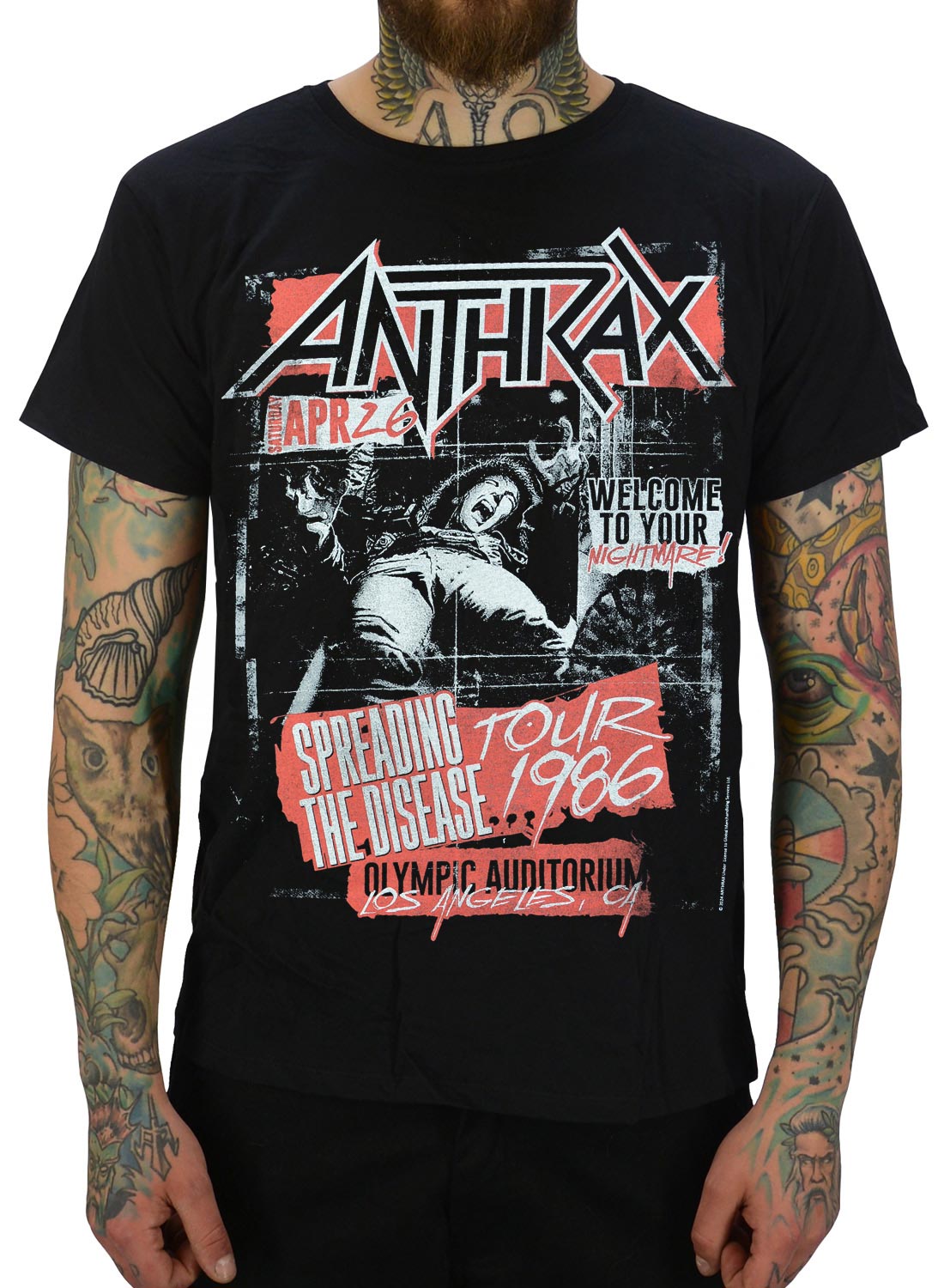 Svart Anthrax t-shirt med Spreading the Disease Tour 1986 tryck och retro rockmotiv i rött och vitt