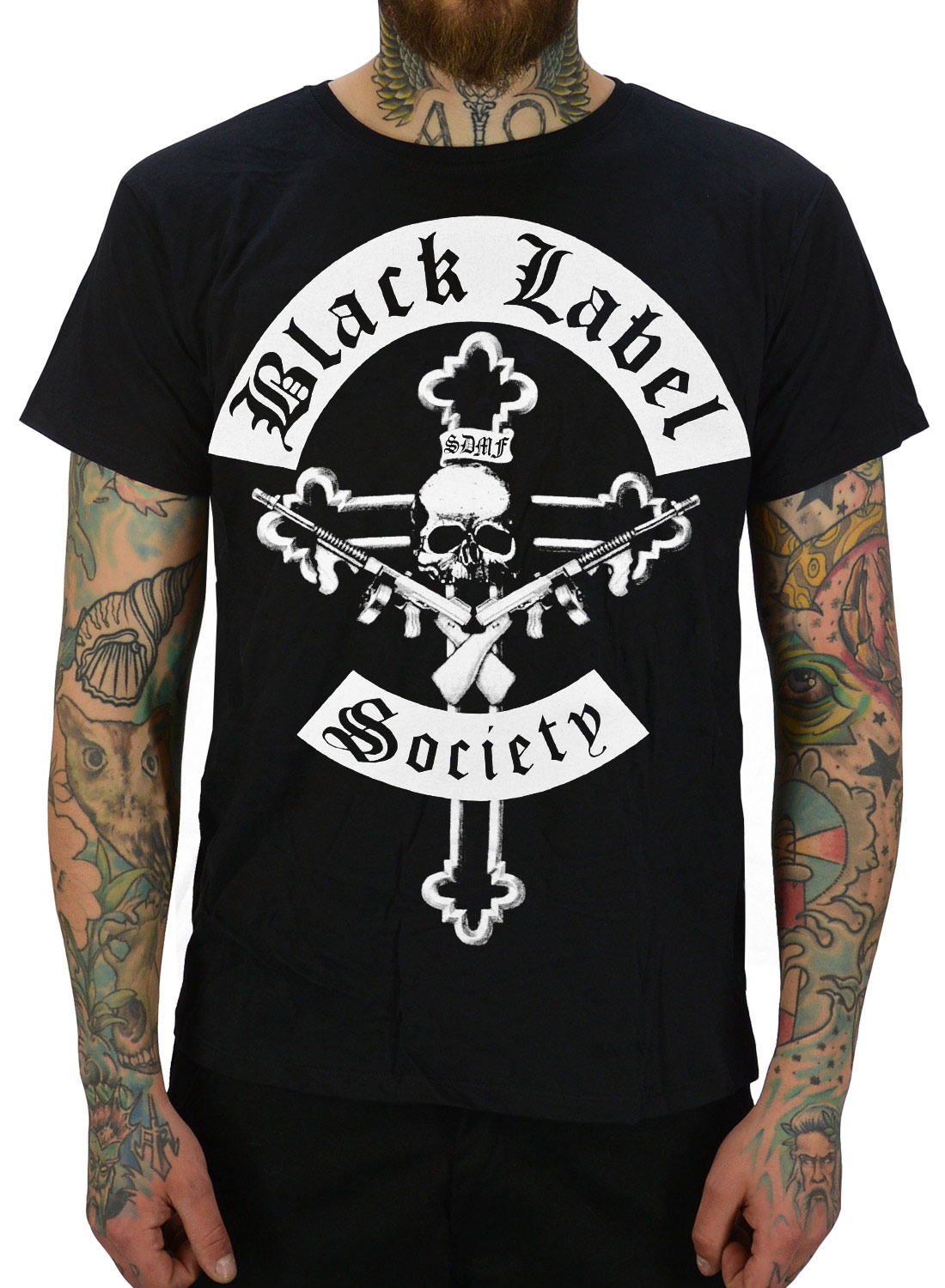 Black Label Society Mafia T-Shirt, svart med dödskalle, kors och korsade vapen på framsidan.
