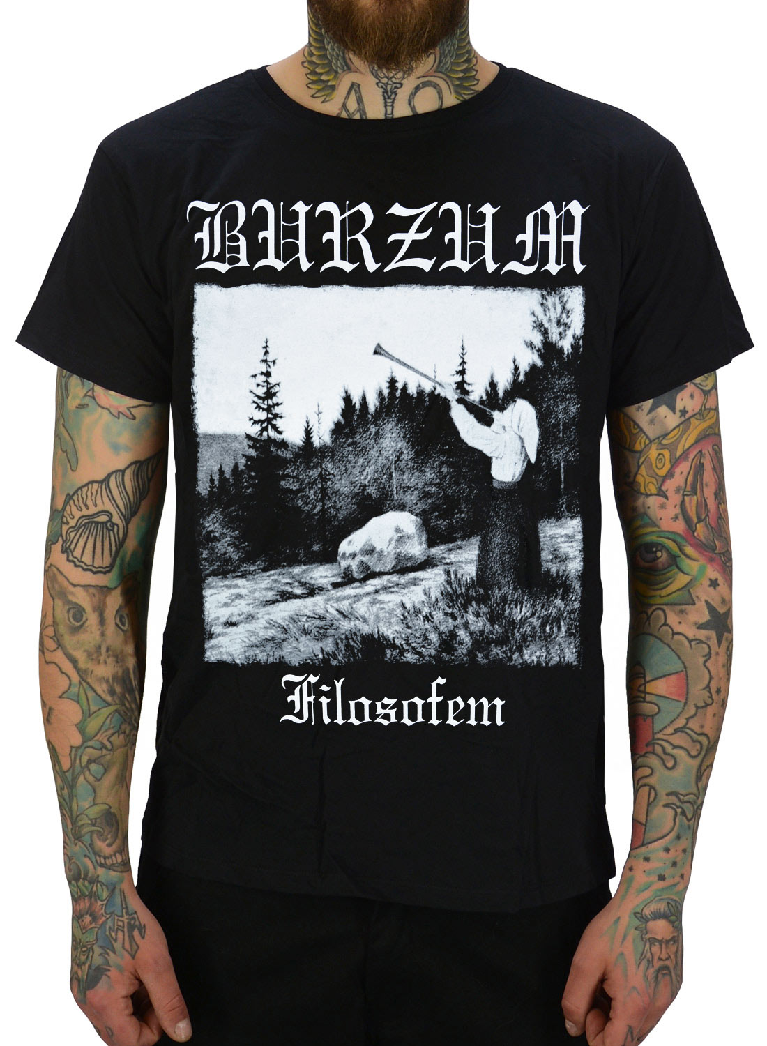 Burzum Filosofem T-Shirt svart med klassiskt album motiv och logga.