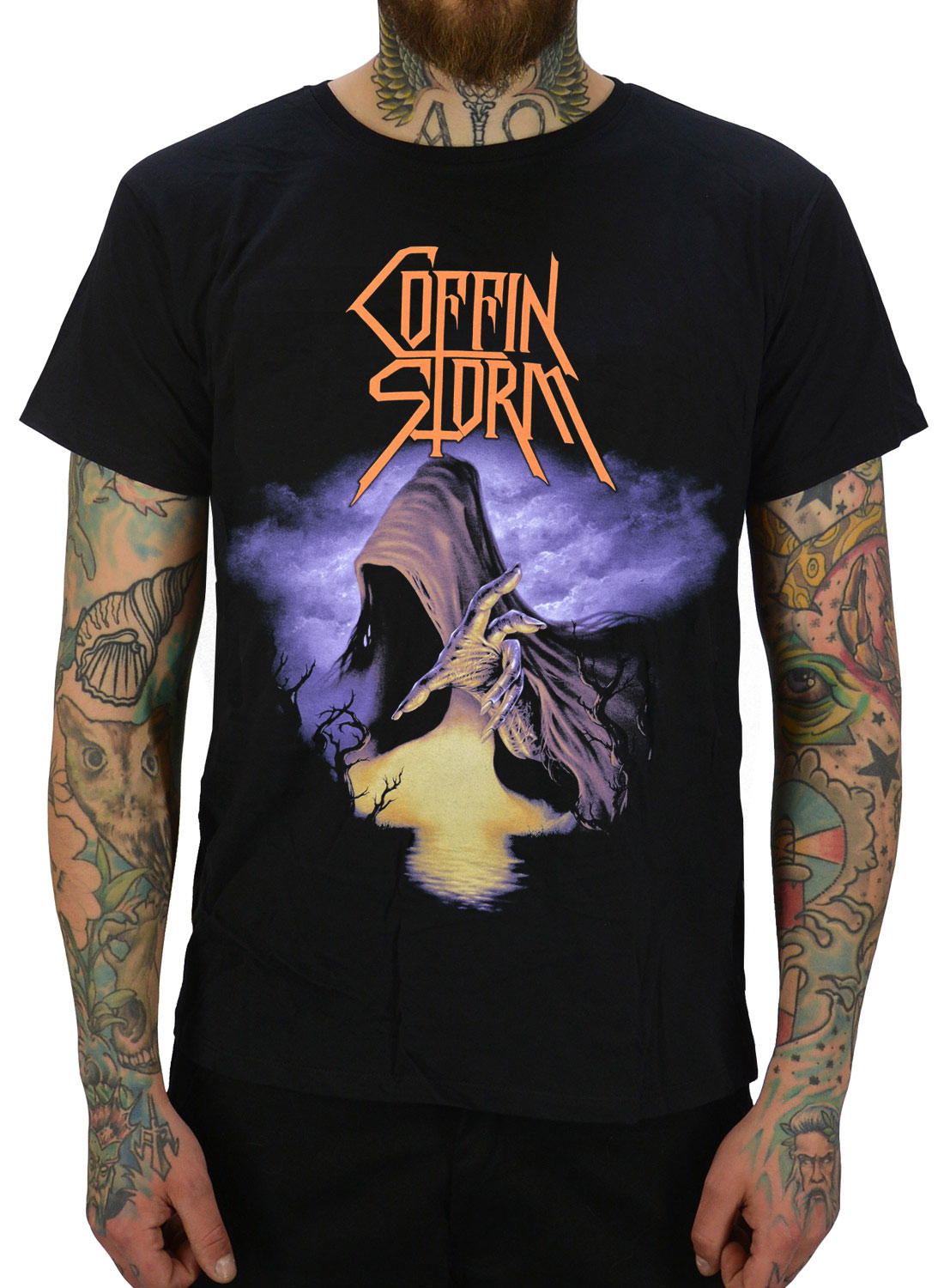 Coffin Storm Arcana Risung T-Shirt. Svart Coffin Storm t-shirt med Arcana Rising-motiv och mörk metal-design.