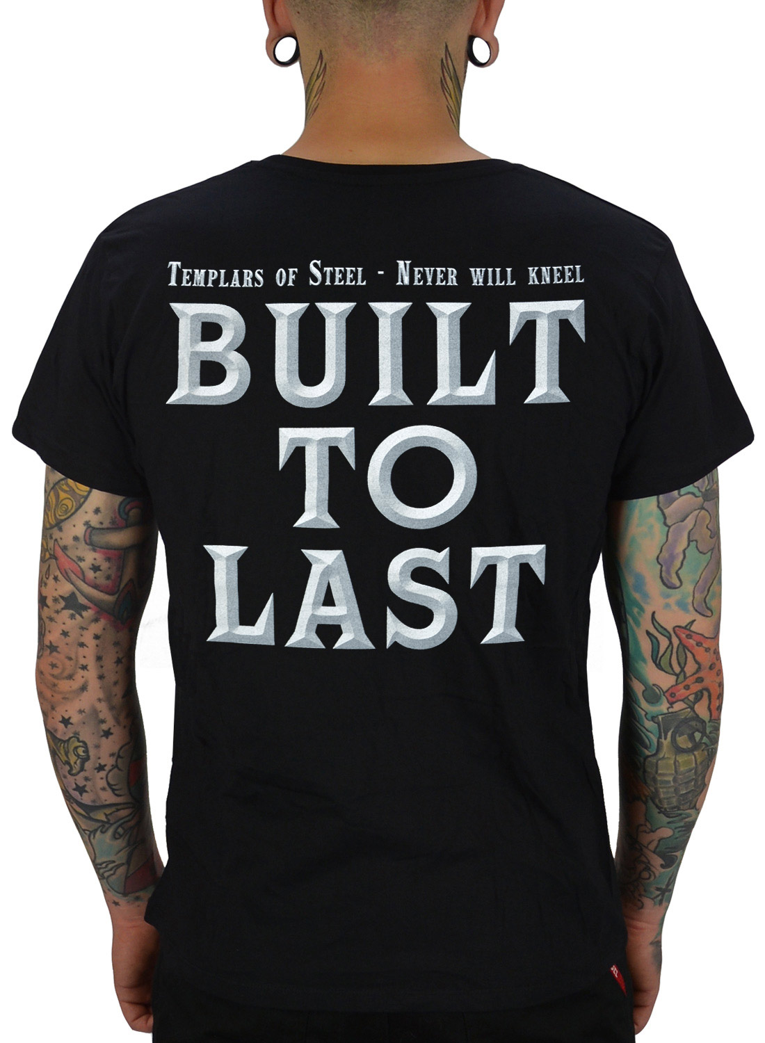 Hammerfall Built To Last T-Shirt. Svart Hammerfall t-shirt med Built To Last text och Templars of Steel slogan.