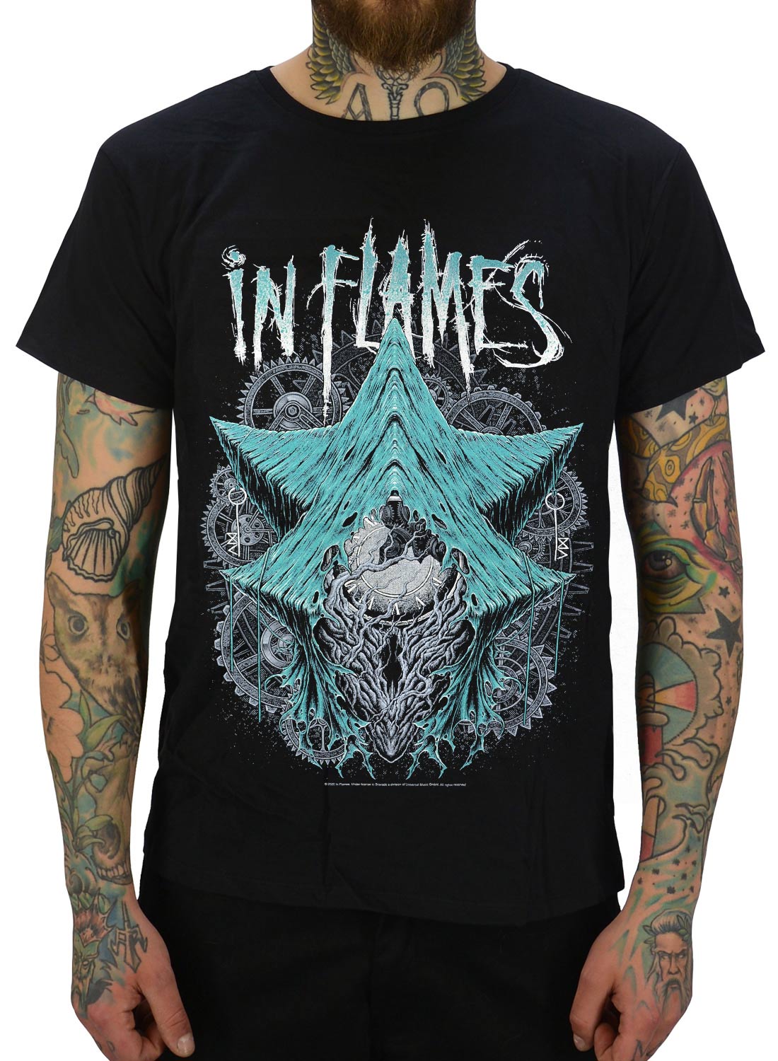 In Flames The Wheel Turns T-shirt, med turkost abstrakt motiv och bandlogga i metalstil.
