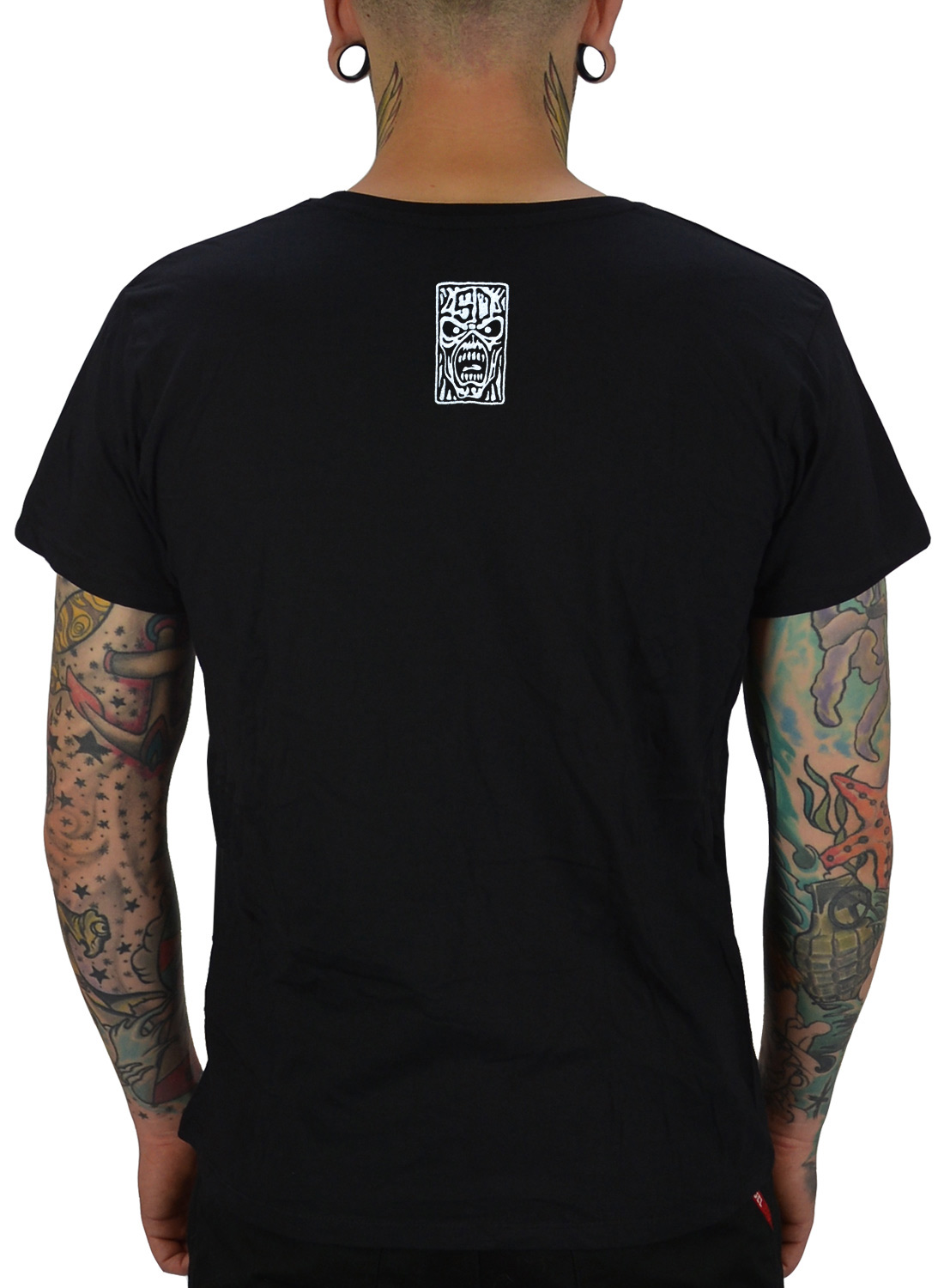 Iron Maiden Axe Eddie T-shirt, med litet vitt ansiktsmotiv vid nacken