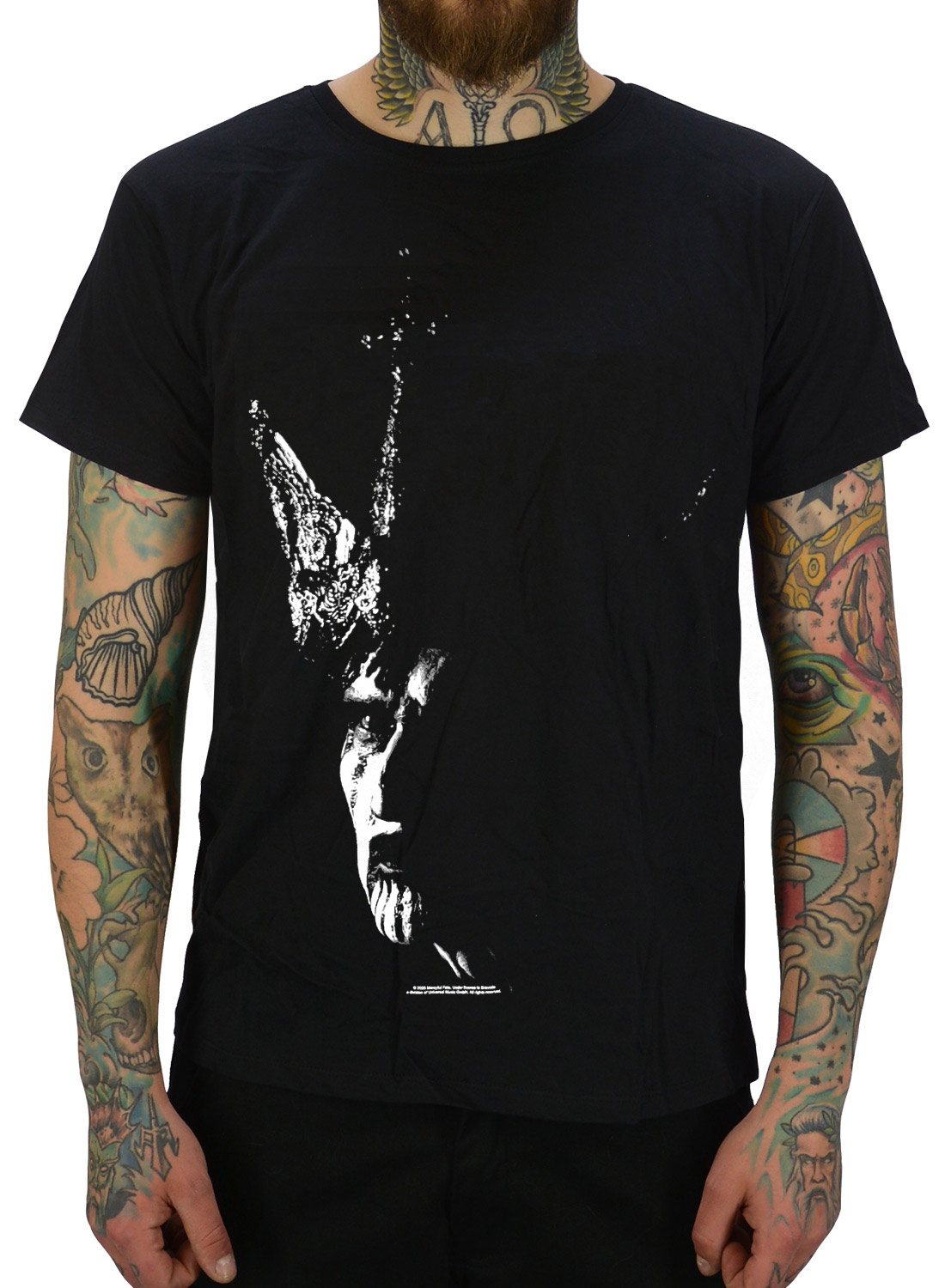 Mercyful Fate Crown T-shirt med vitt minimalistiskt motiv och rund hals i bomull.
