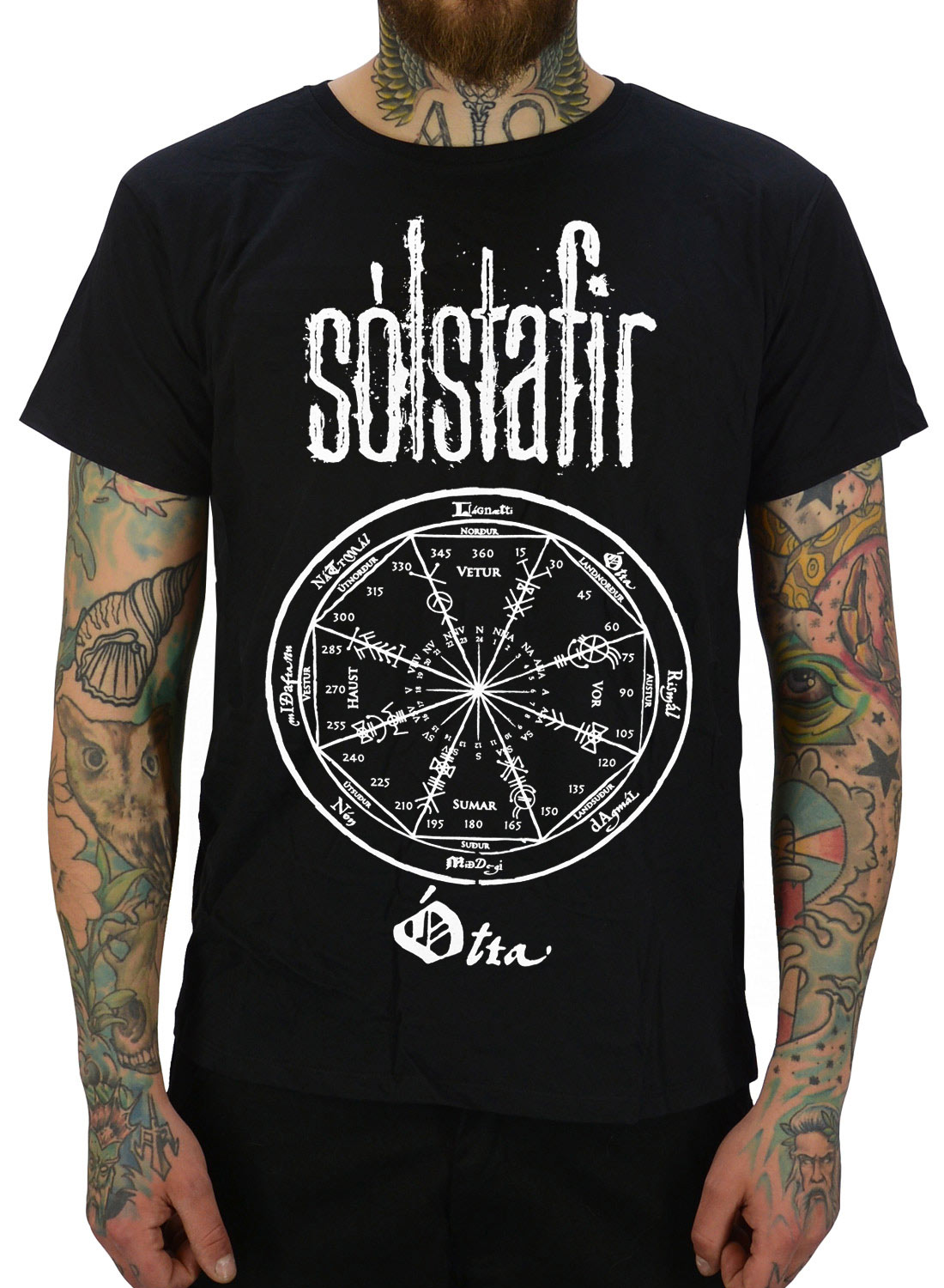 Solstafir Otta T-Shirt svart med runinspirerat kompassmotiv och bandlogga.