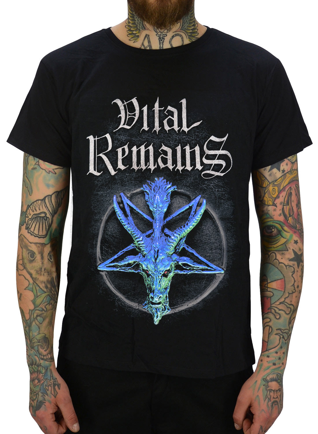 Vital Remains T-shirt Forever Underground svart med pentagram och getmotiv i blå toner.
