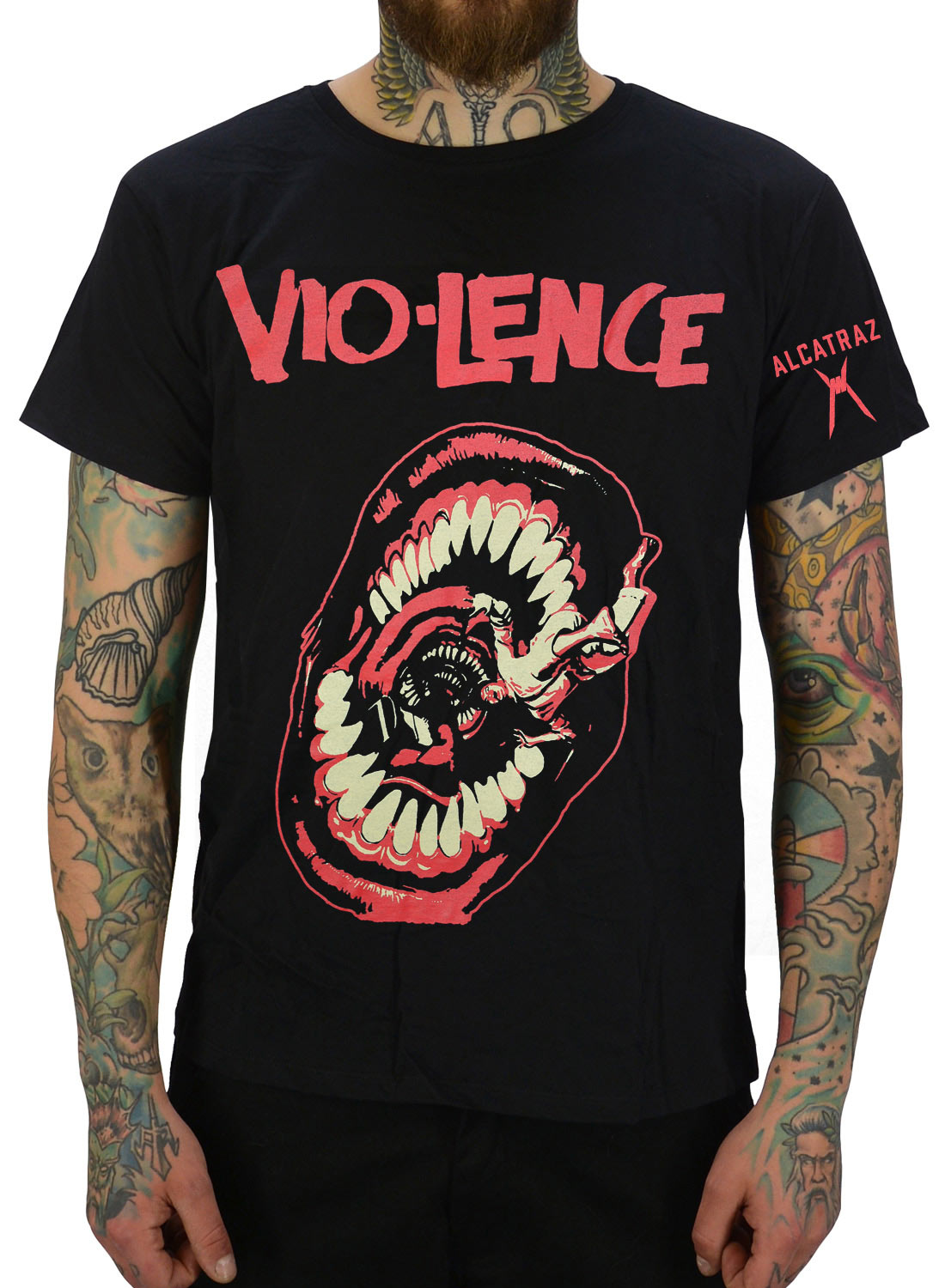 Vio-Lence T-shirt Head Stomping Boots svart med rött motiv av öppen mun och bandlogga.