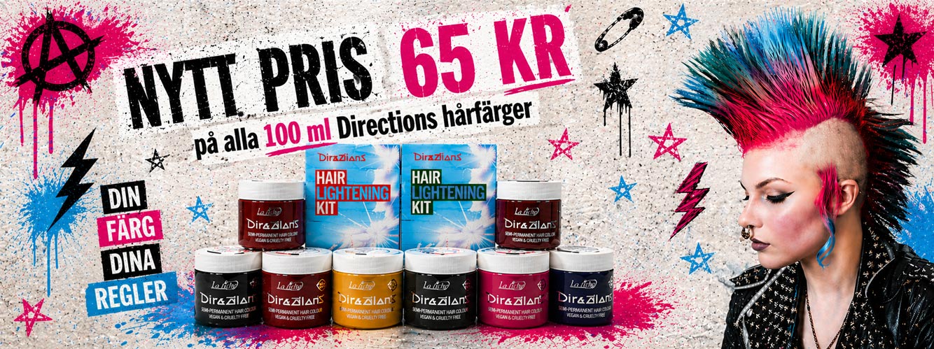 Reklambild för hårfärg där en person med färgglad tuppkam i rosa, turkos och svart visas bredvid flera burkar med semi-permanent hårfärg. Texten anger kampanjpris 65 kr på 100 ml Directions hårfärger.