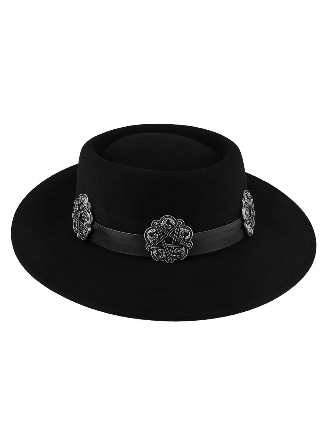 Killstar Mystic Maven Concho Hat. Svart bredbrättad hatt från Killstar med metallconchos och pentagramdetaljer, gotisk stil.
