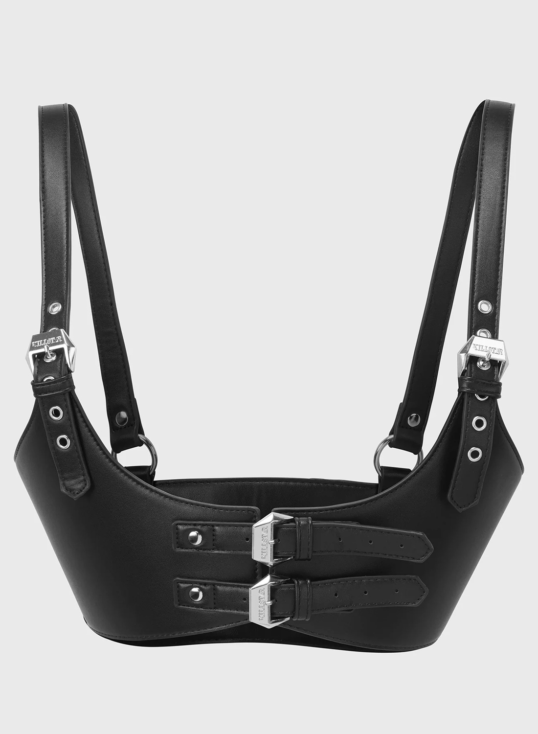 Killstar Ember Pit Harness. Svart harness från Killstar i läderlook med dubbla spännen och justerbara axelremmar i gotisk stil.