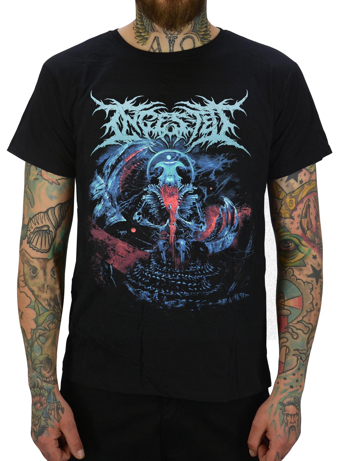 Svart Ingested T-shirt med brutal death metal motiv i blå och röda toner föreställande skelett och mörk fantasy-design.