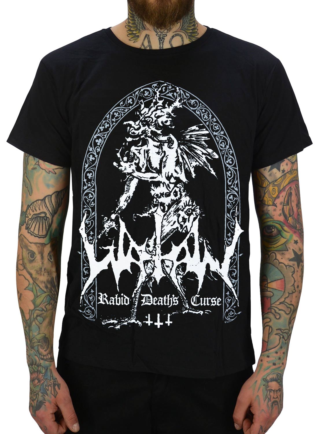 Watain T-shirt svart med Rabid Deaths Curse motiv och demonisk black metal design.