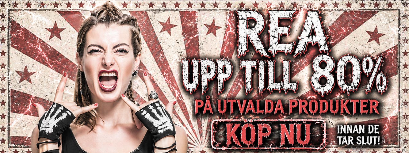 Kvinna med rockstil gör handtecken och skriker framför röd bakgrund med stjärnor och text om rea upp till 80 procent.
