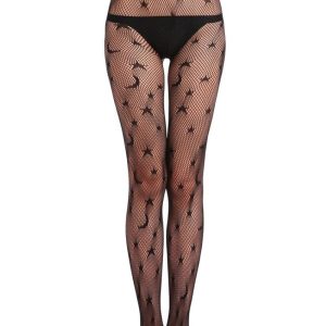 Svarta fishnet strumpbyxor med stjärnor och månar, hög midja och gothic night sky design.