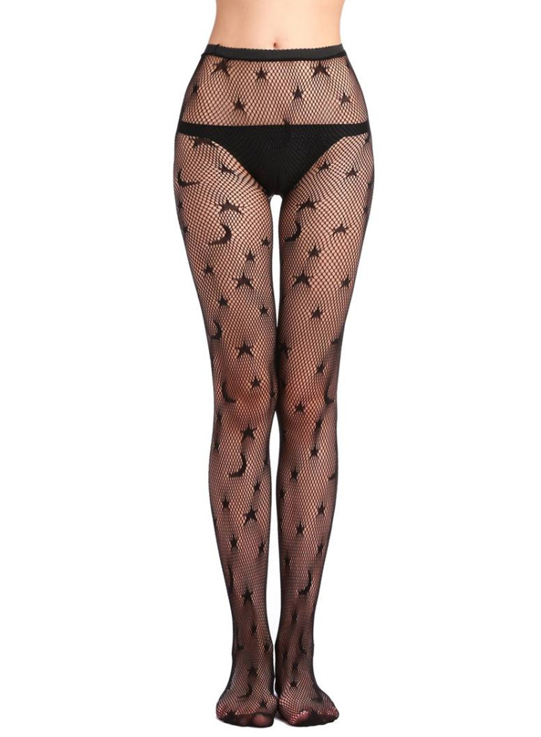 Svarta fishnet strumpbyxor med stjärnor och månar, hög midja och gothic night sky design.