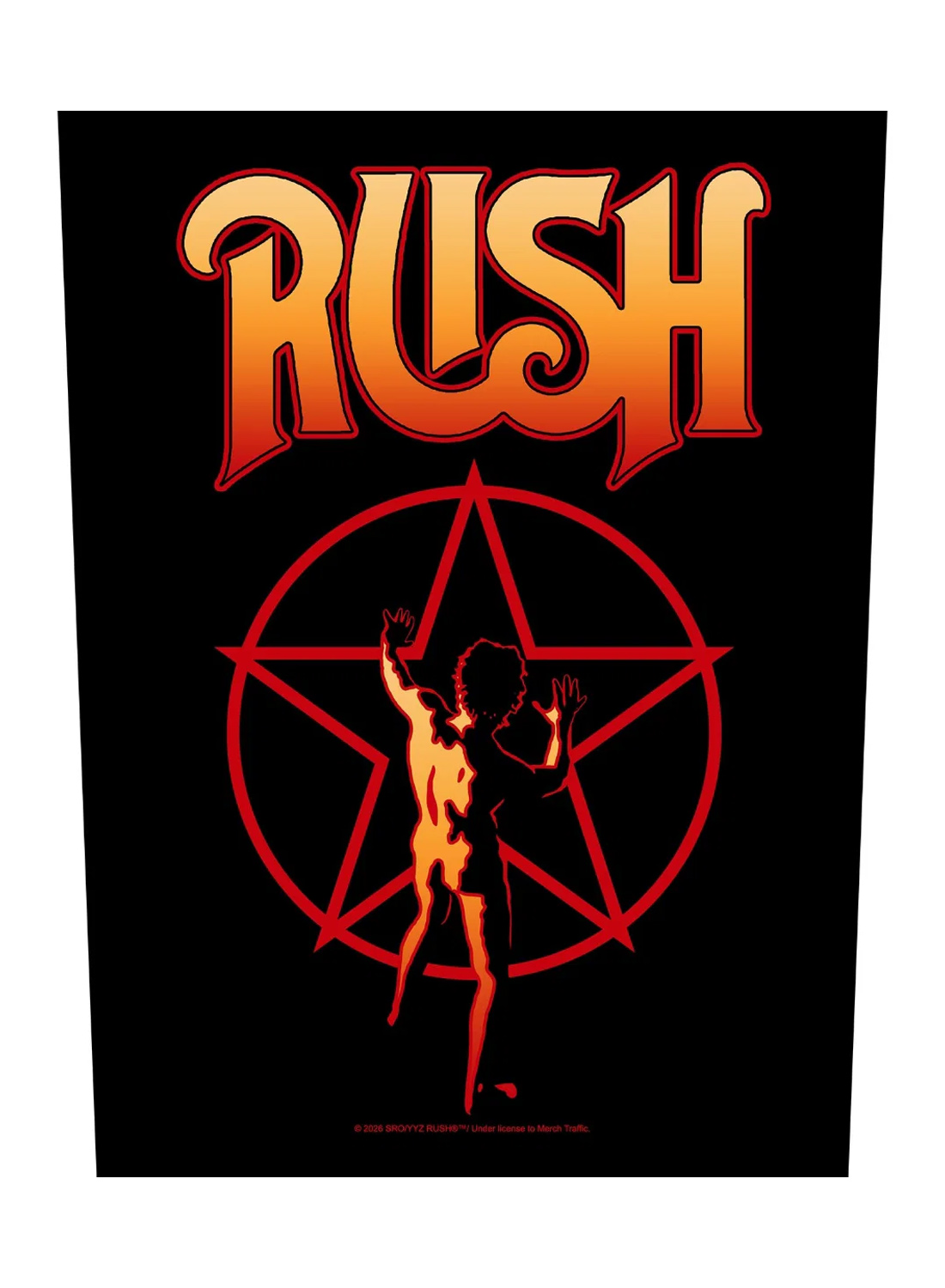 Back Patch med Rush-logotyp ovanför det klassiska Starman-motivet i rött och orange mot svart bakgrund.