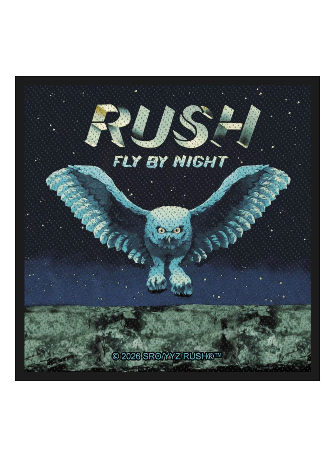 Patch med stort ugglemotiv och texten "Rush – Fly By Night" mot en stjärnklar natthimmel.