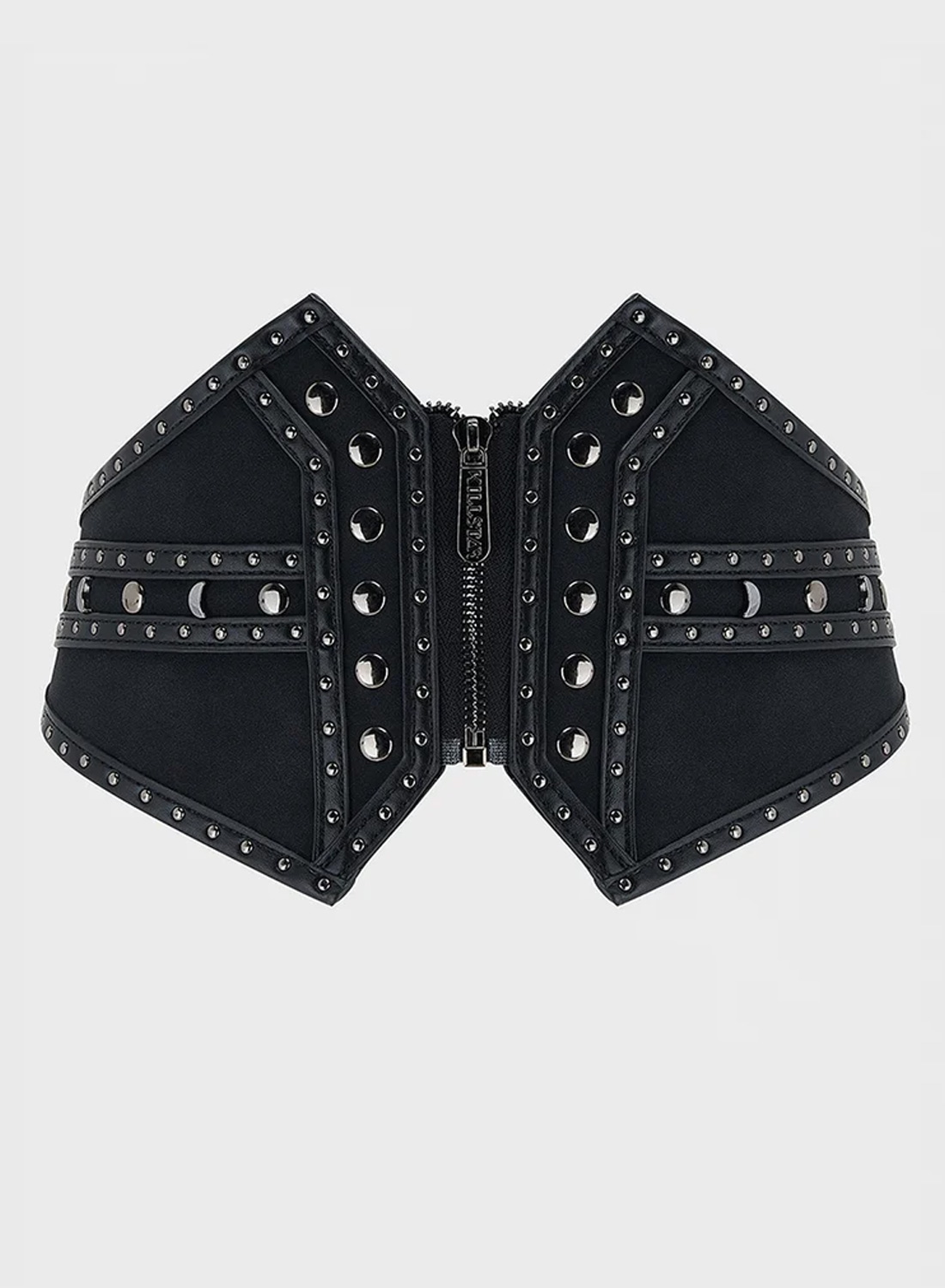 KILLSTAR Midnight Vale Studded Belt – svart brett midjebälte med nitar, silverfärgade metalldetaljer och dragkedja framtill.