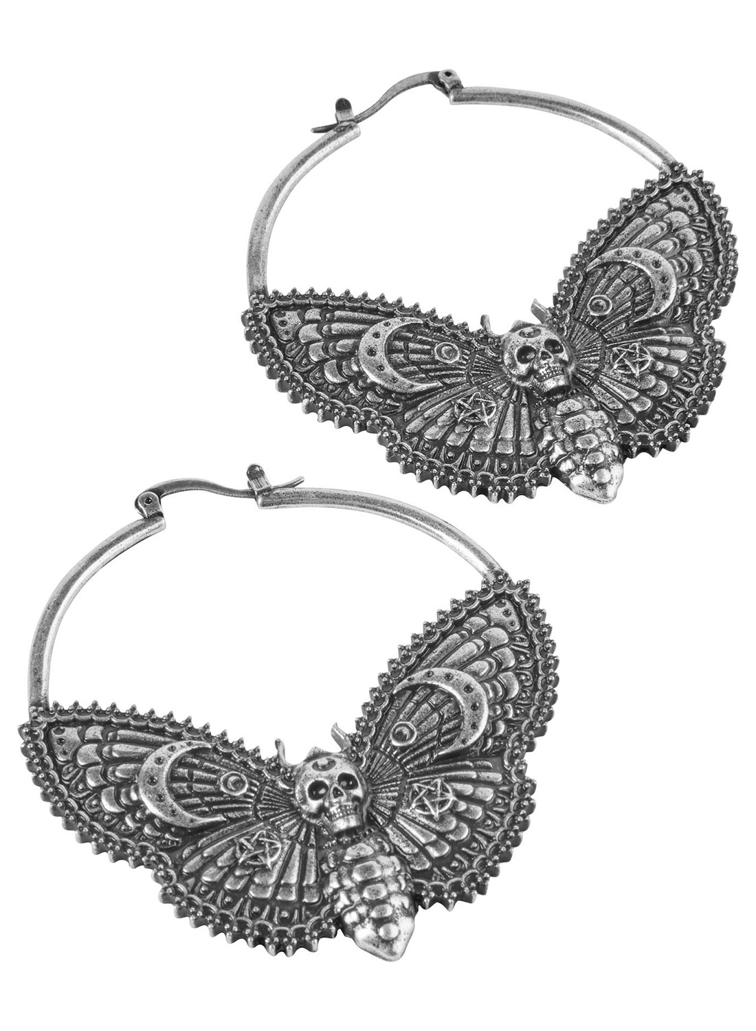 Killstar Shadow Flutter Earrings, Silverfärgade gotiska örhängen med nattfjärilar, dödskallar, halvmånar och pentagram från KILLSTAR.