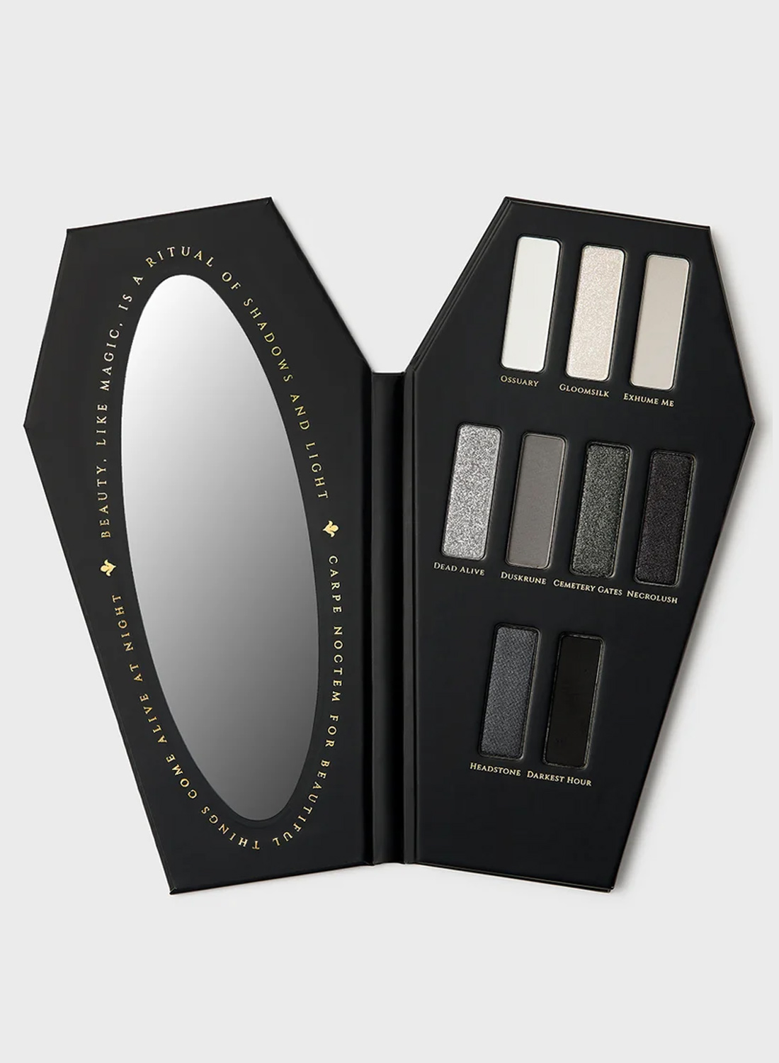 Beyond the Grave Pressed Powder Palette – kistformad ögonskuggspalett med grå, silver, vita och svarta nyanser.
