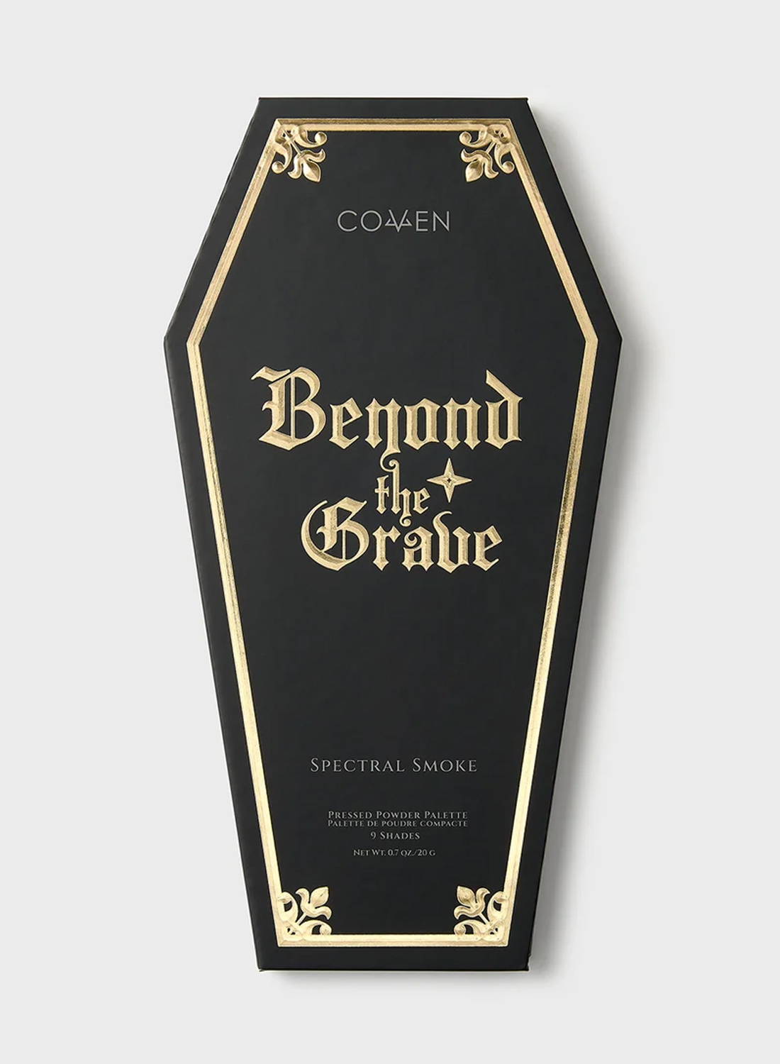 Beyond the Grave Pressed Powder Palette – kistformad ögonskuggspalett med grå, silver, vita och svarta nyanser.