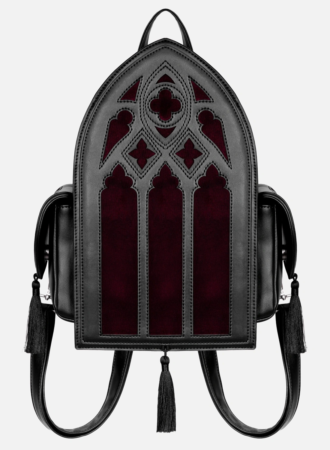 Restyle Rubrum Lux gotisk ryggsäck med vinröd sammet och katedraldesign