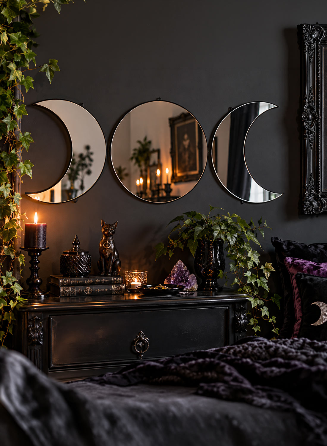 Goddess Moon Mirror – dekorativ gotisk väggspegel med tre månfaser, två halvmånar och en rund fullmåne i mitten.