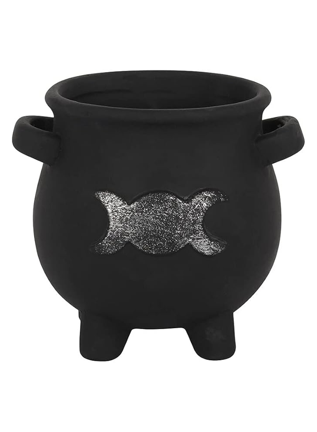 Goddess Cauldron Planter Pot – svart gotisk blomkruka i form av en häxkittel med silverfärgad trippelmåne, små handtag och gröna växter.