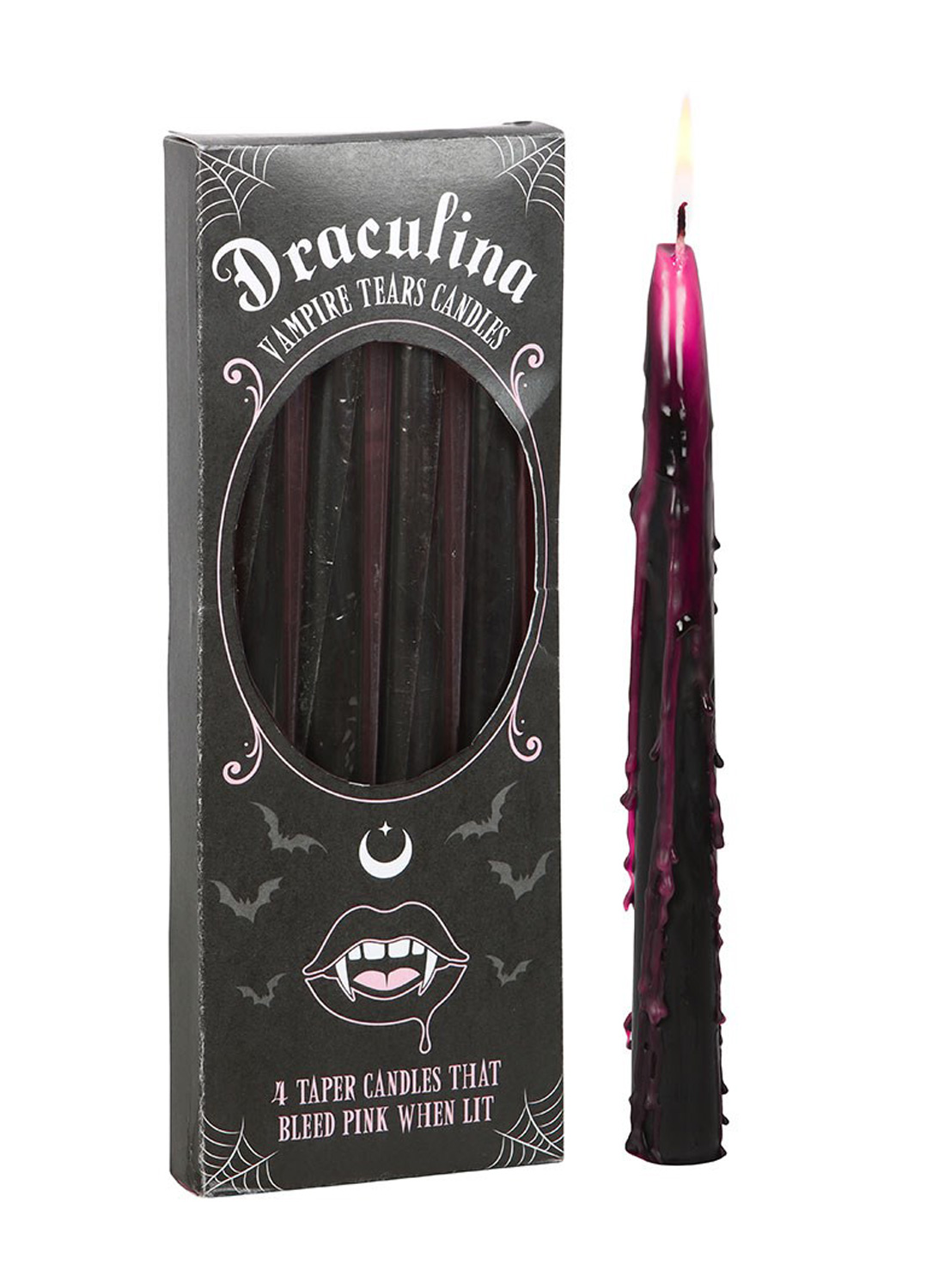 Pink Vampire Tears Candles – fyra svarta gotiska vampyrljus som smälter med rosa vax, visade med förpackning och tänt ljus.