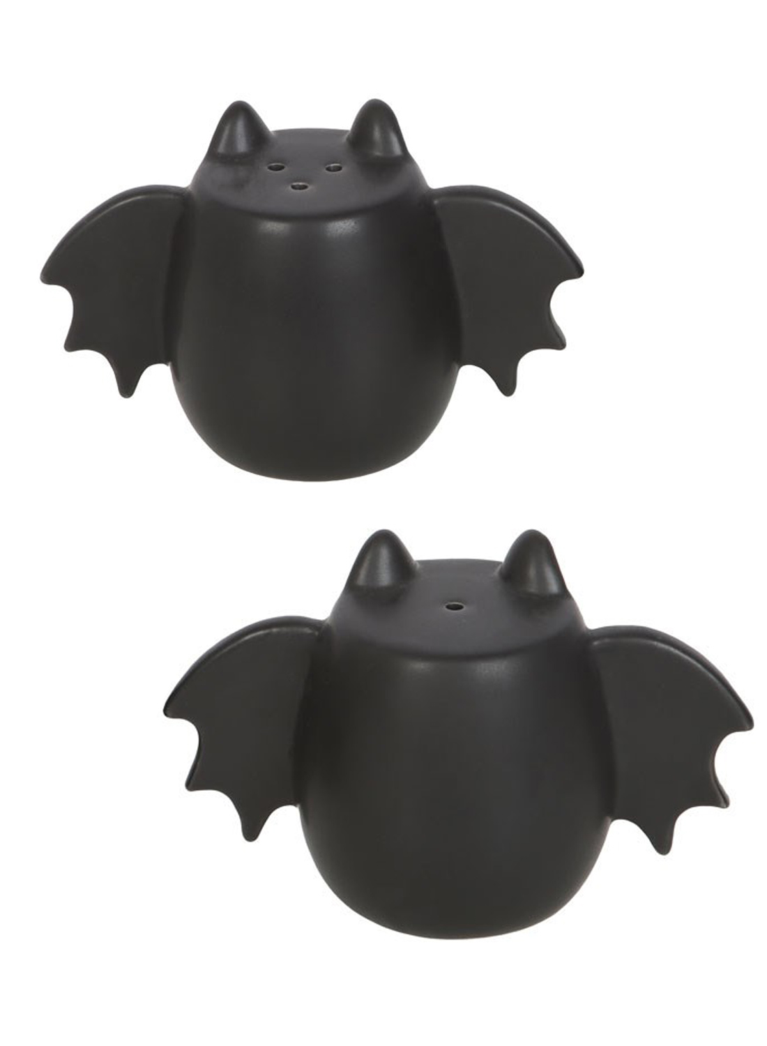 Bat Wing Salt and Pepper – två svarta salt- och pepparkar formade som fladdermöss med utsträckta vingar, spetsiga öron och matt finish.