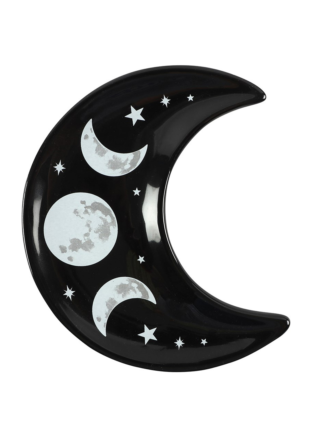 Cosmo Crescent Dish. Gotiskt smyckesfat i keramik format som en halvmåne med trippelmånesymbol. Perfekt för ringar, smycken och witchy inredning.