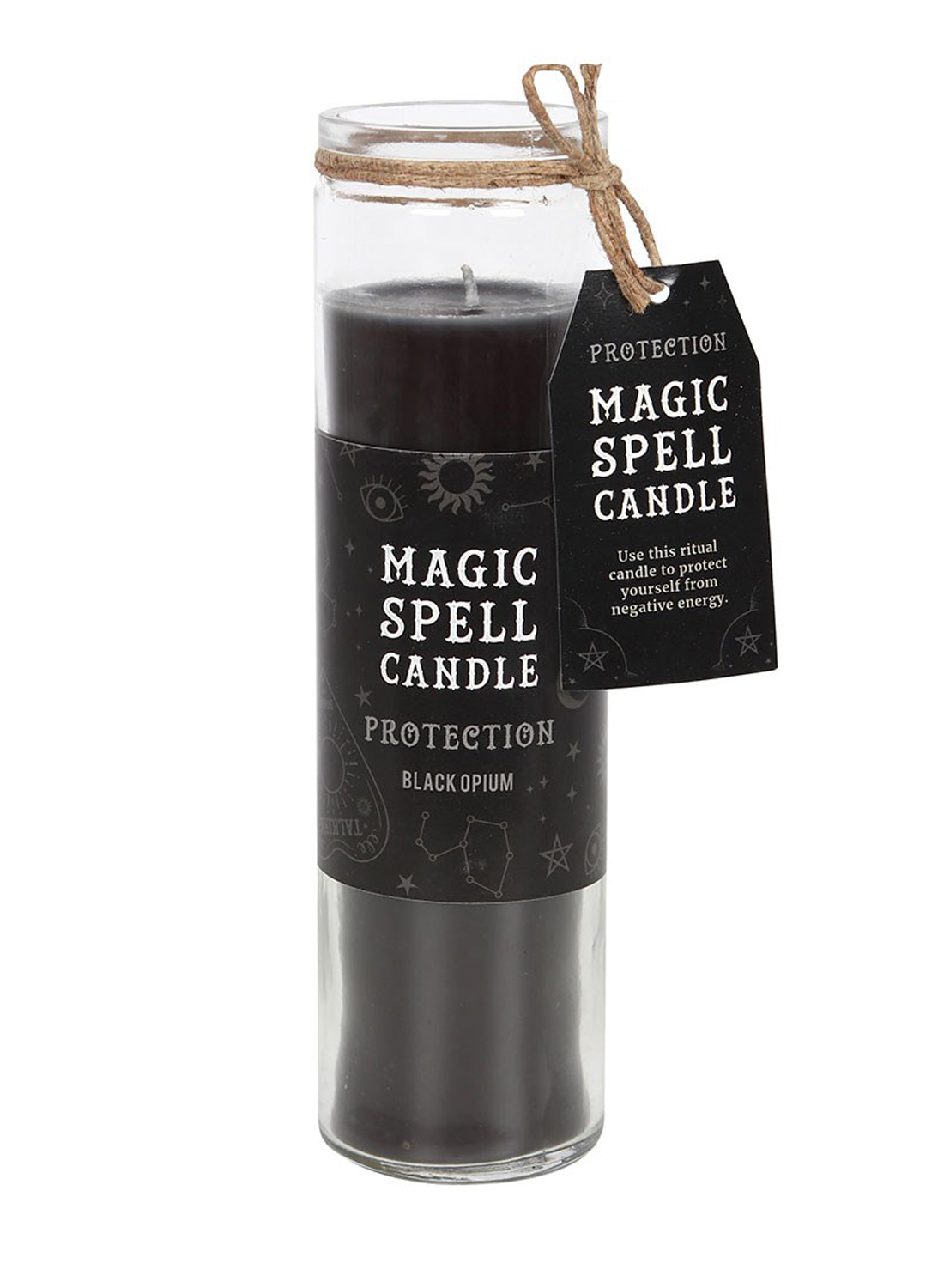 Magic Spell Candle Opium – svart doftljus i glas med Protection-etikett, magiska symboler och en brinntid på upp till cirka 70 timmar.