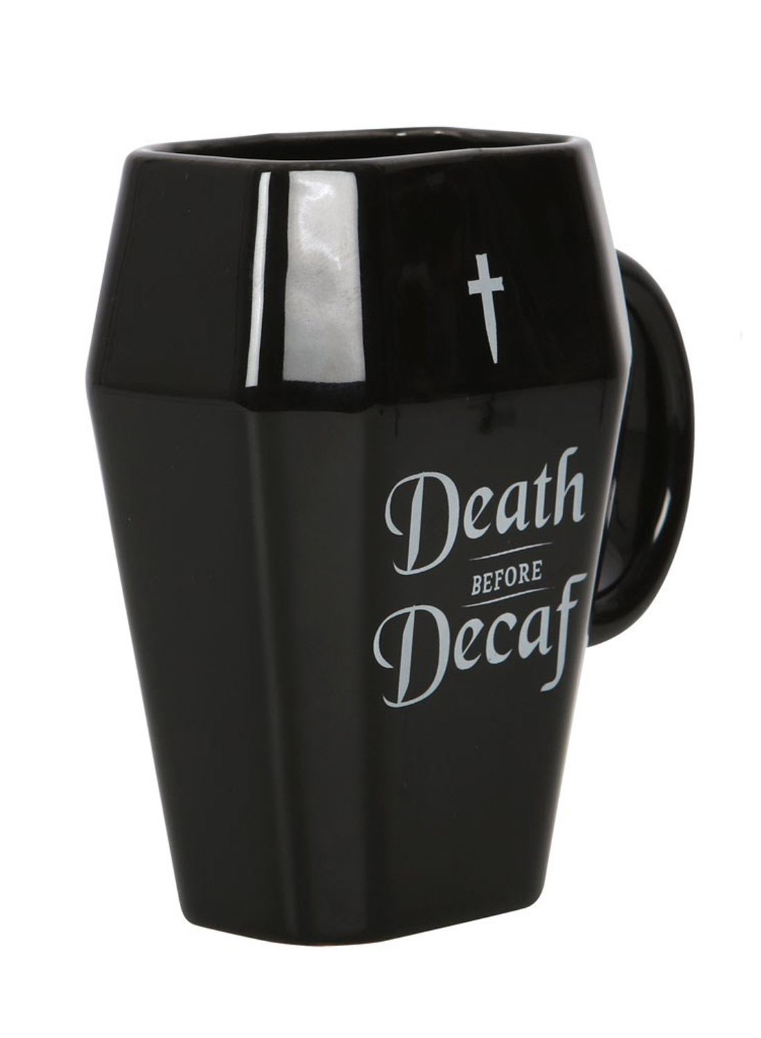 Death Before Decaf Coffin Mug – svart blank kaffemugg formad som en likkista med vitt kors, Death Before Decaf-tryck och stort handtag.