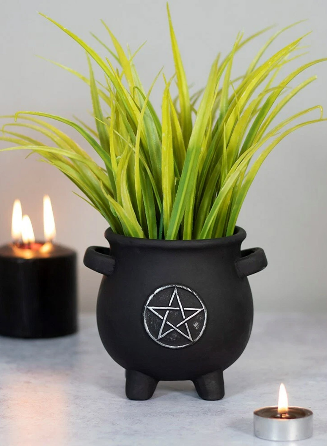 Penta Cauldron Planter Pot – svart gotisk blomkruka formad som en häxkittel med silverfärgat pentagram, gröna växter och små sidohandtag.