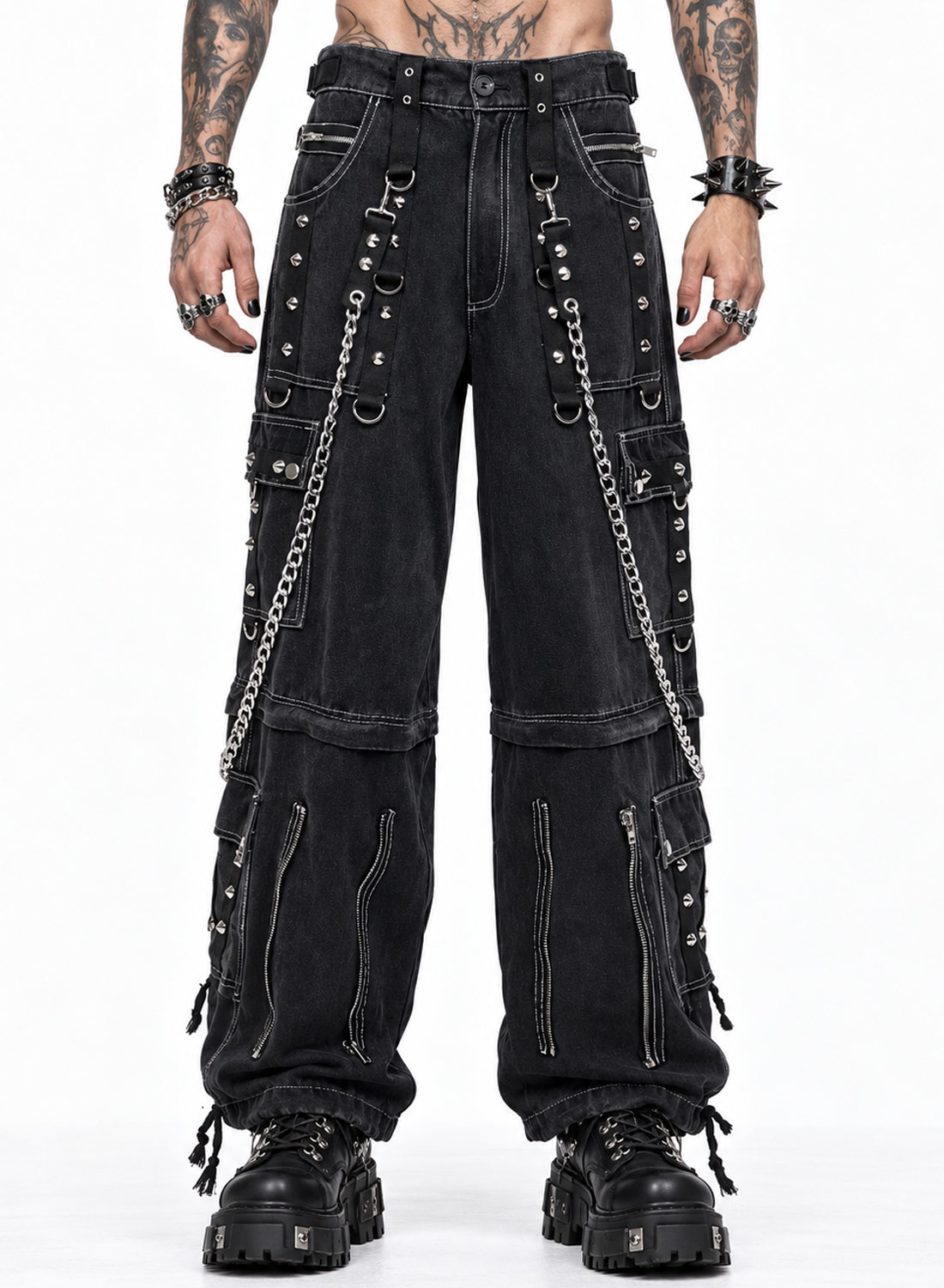 From The Abyss Pants Black – svarta baggy gothic-byxor i denim med metallkedjor, nitar, remmar och avtagbara byxben.