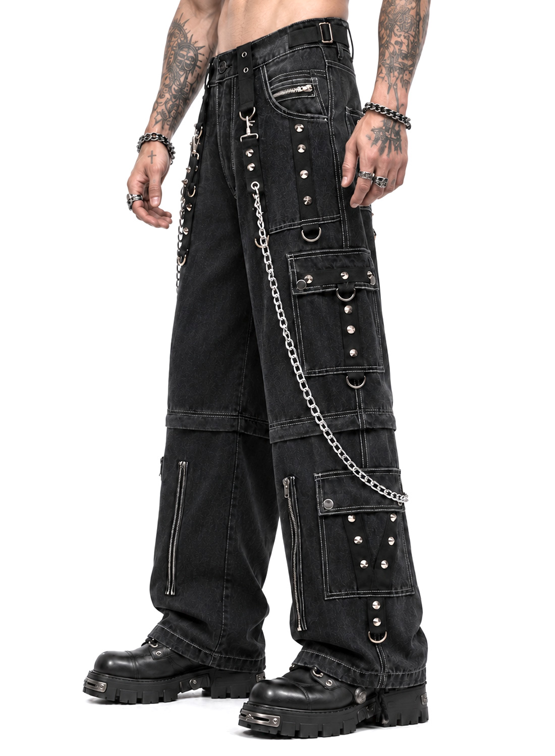 From The Abyss Pants Black – svarta baggy gothic-byxor i denim med metallkedjor, nitar, remmar och avtagbara byxben.
