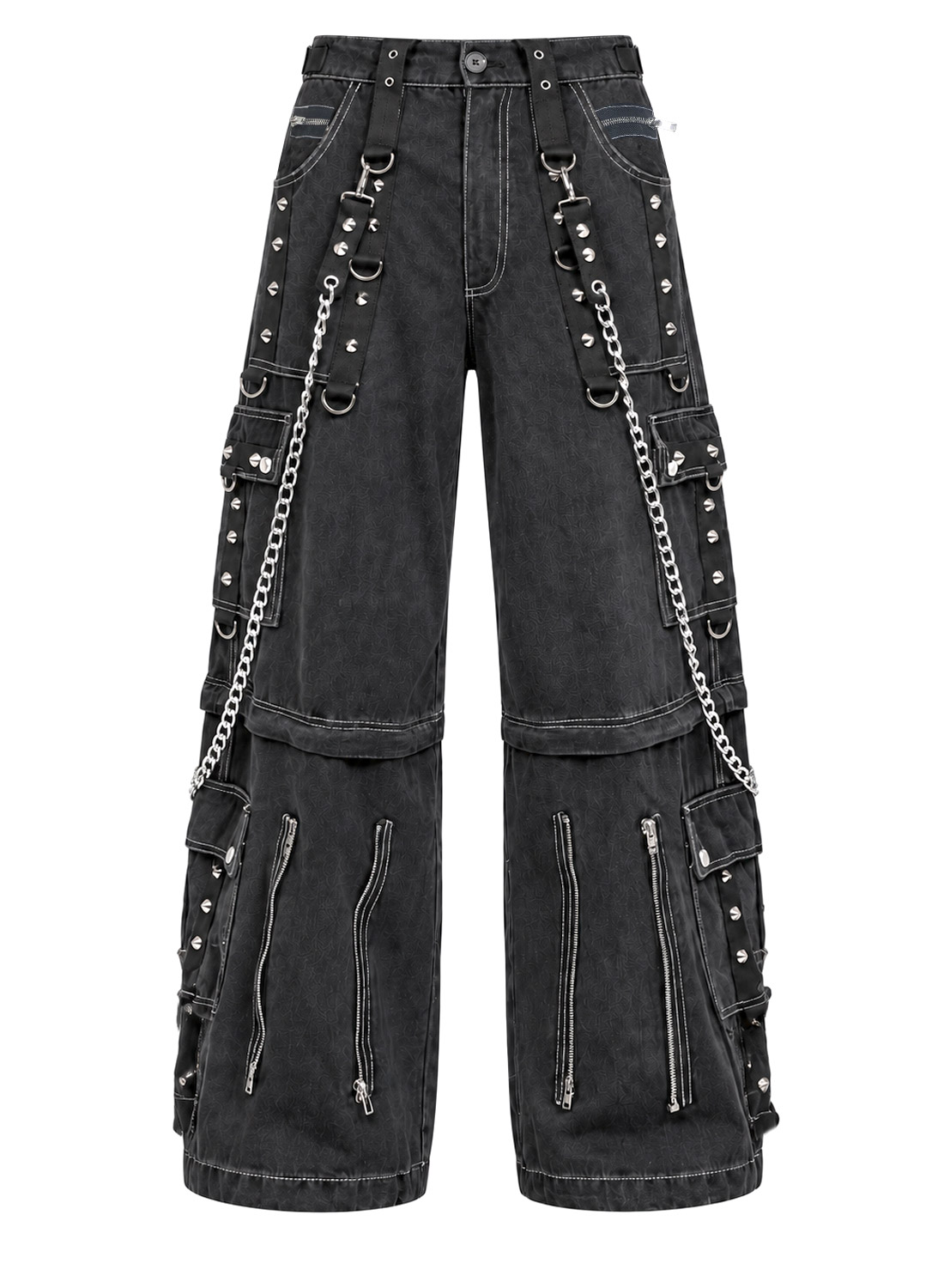 From The Abyss Pants Black – svarta baggy gothic-byxor i denim med metallkedjor, nitar, remmar och avtagbara byxben.