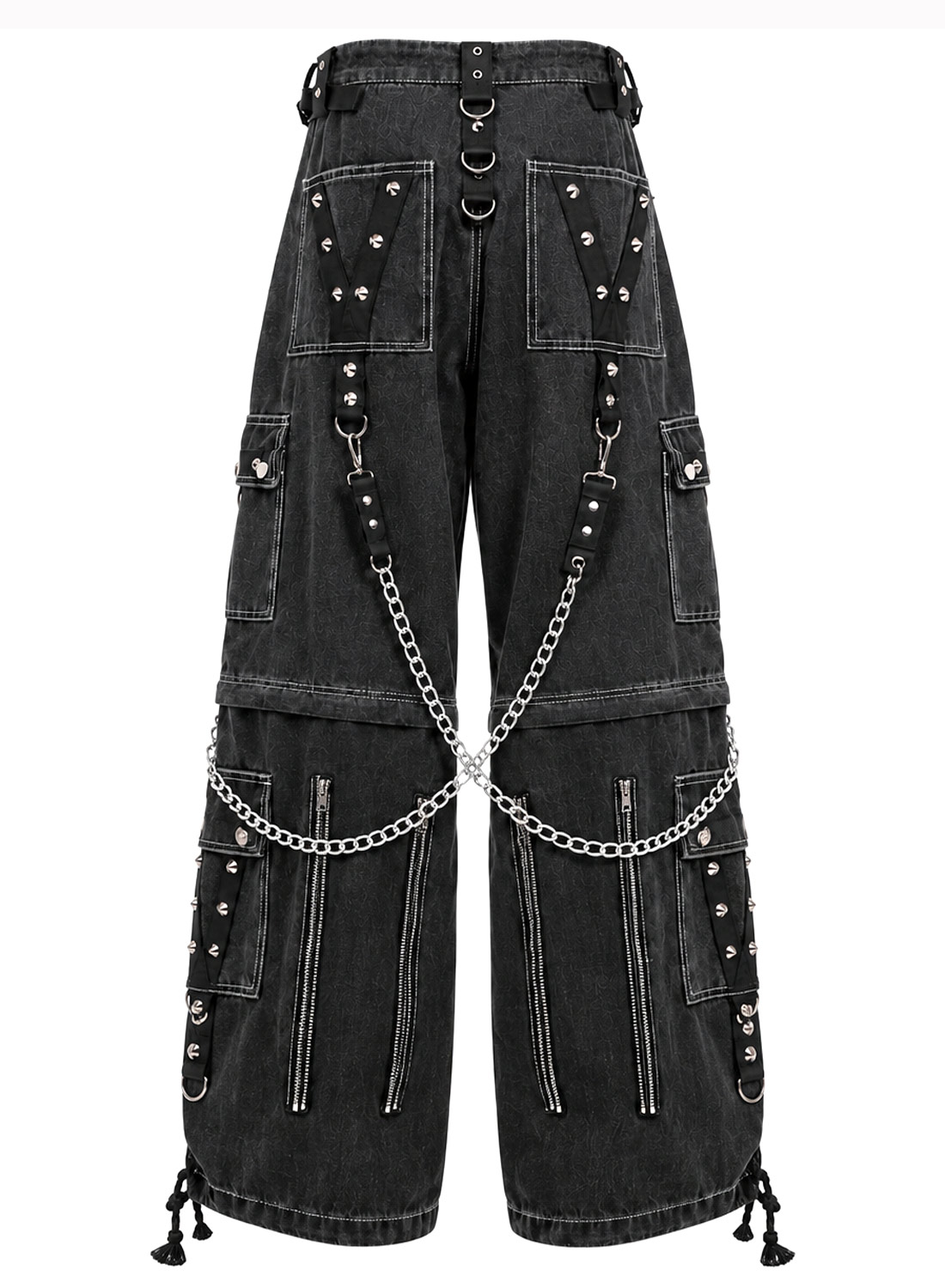 From The Abyss Pants Black – svarta baggy gothic-byxor i denim med metallkedjor, nitar, remmar och avtagbara byxben.