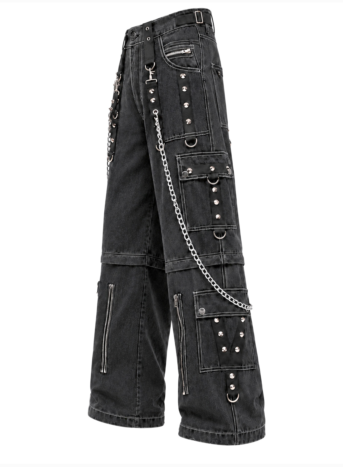 From The Abyss Pants Black – svarta baggy gothic-byxor i denim med metallkedjor, nitar, remmar och avtagbara byxben.