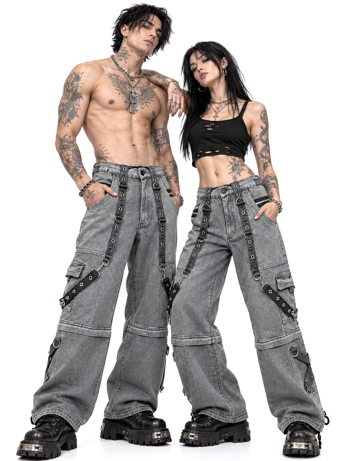 Grave Digger Pants grå baggy denimbyxor med kedjor, remmar och avtagbara byxben som förvandlas till shorts.